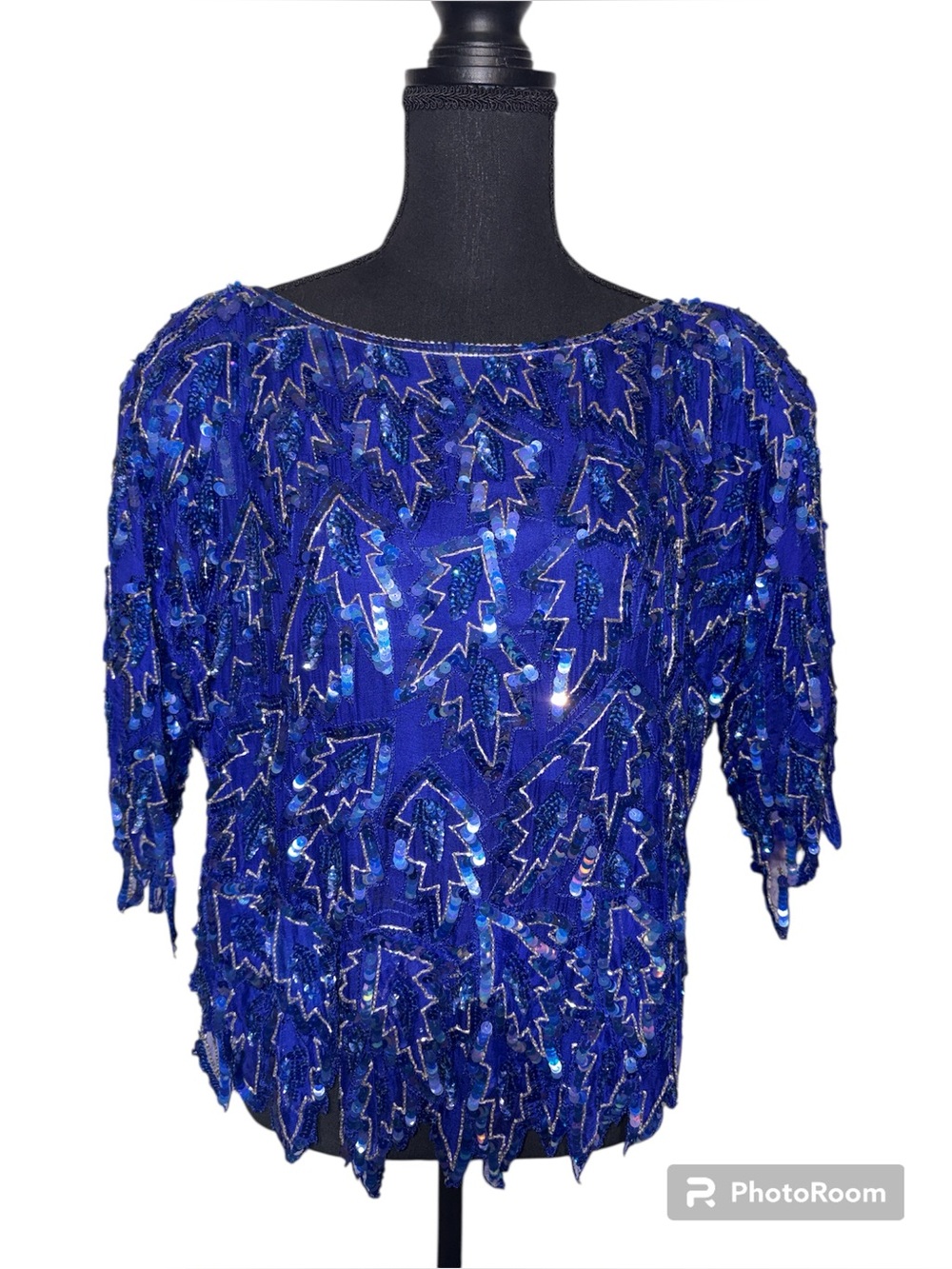 Blue Sequins Mermaid Top Scala Silk SZ LG Italy Vintage 1980s